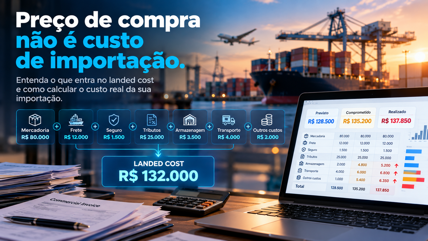 Composição de custos da importação com comparação entre previsto, comprometido e realizado